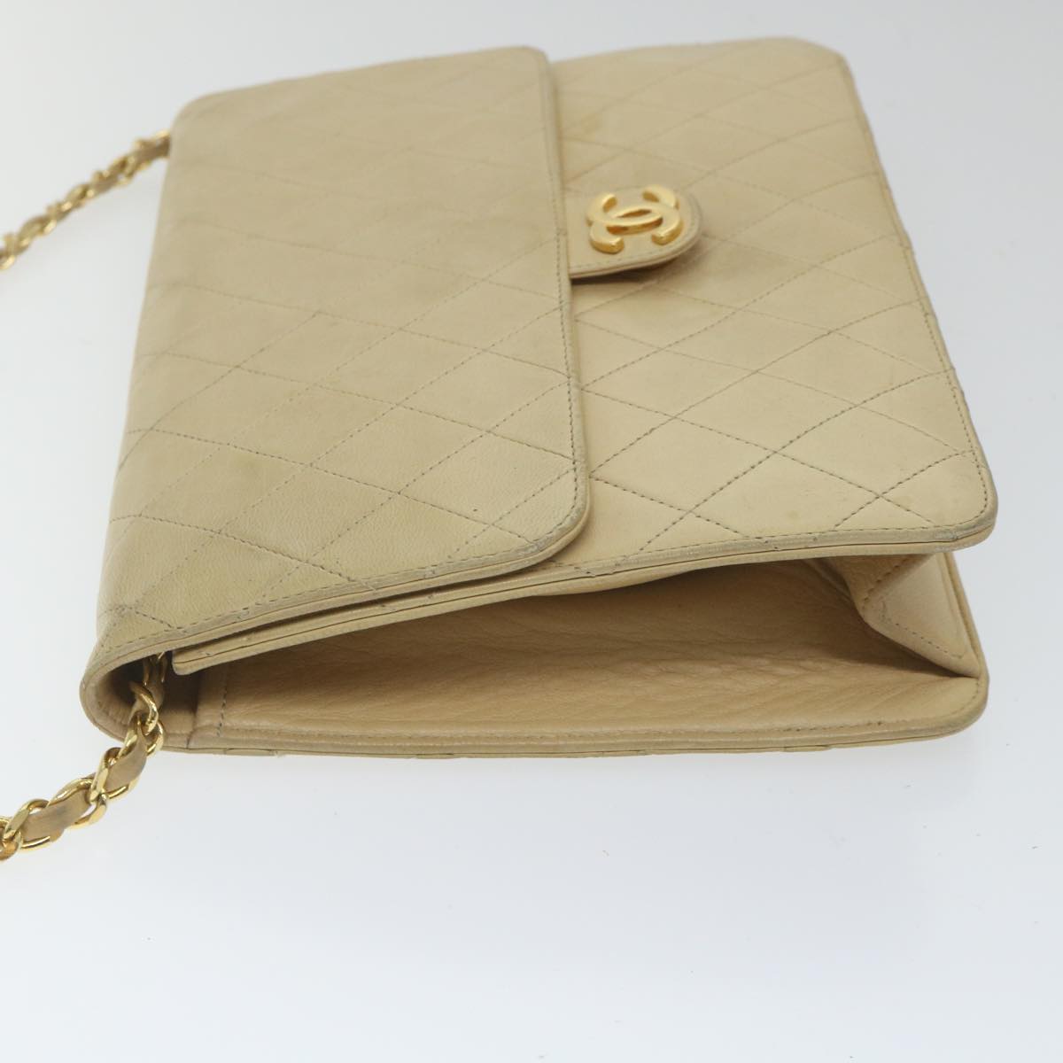 CHANEL Matelasse Chain Shoulder Bag Lamb Skin Beige CC Auth bs9334