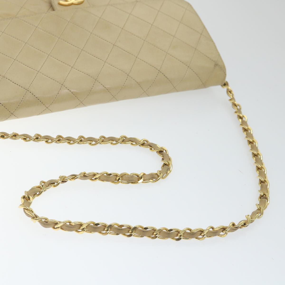 CHANEL Matelasse Chain Shoulder Bag Lamb Skin Beige CC Auth bs9334