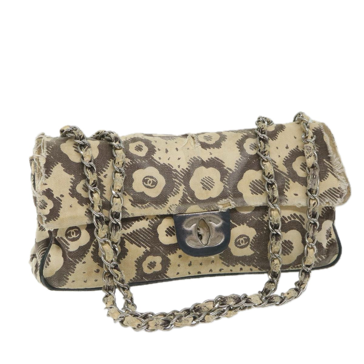 CHANEL Chain Shoulder Bag Canvas Beige CC Auth bs9358