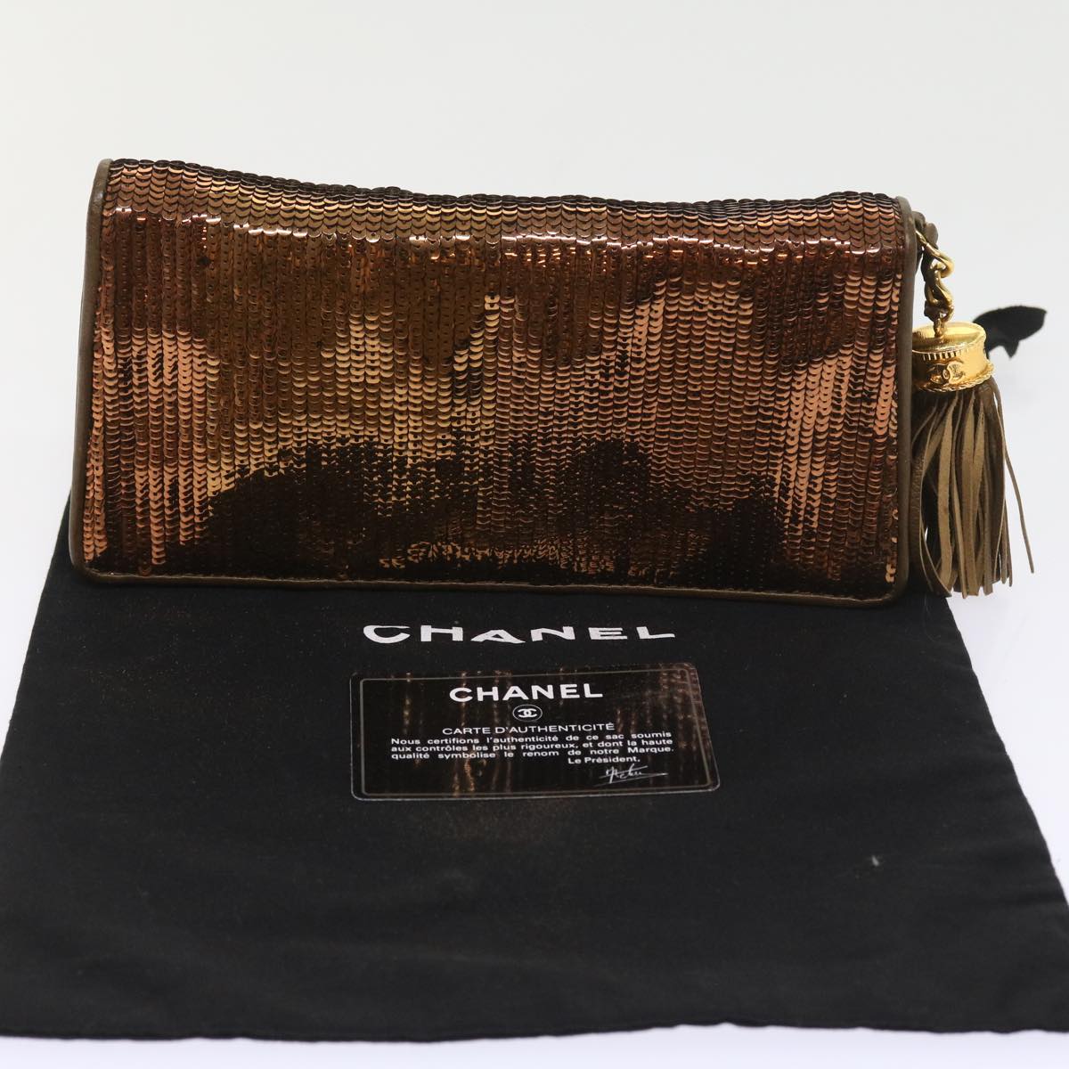 CHANEL Sequin Clutch Bag Leather Bronze CC Auth bs9383