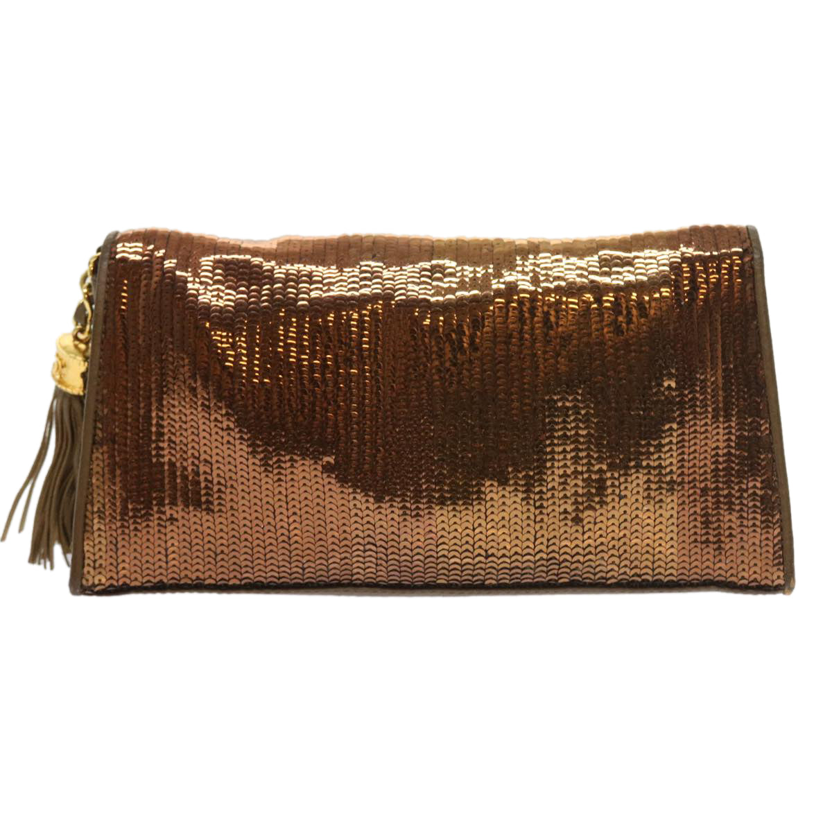 CHANEL Sequin Clutch Bag Leather Bronze CC Auth bs9383