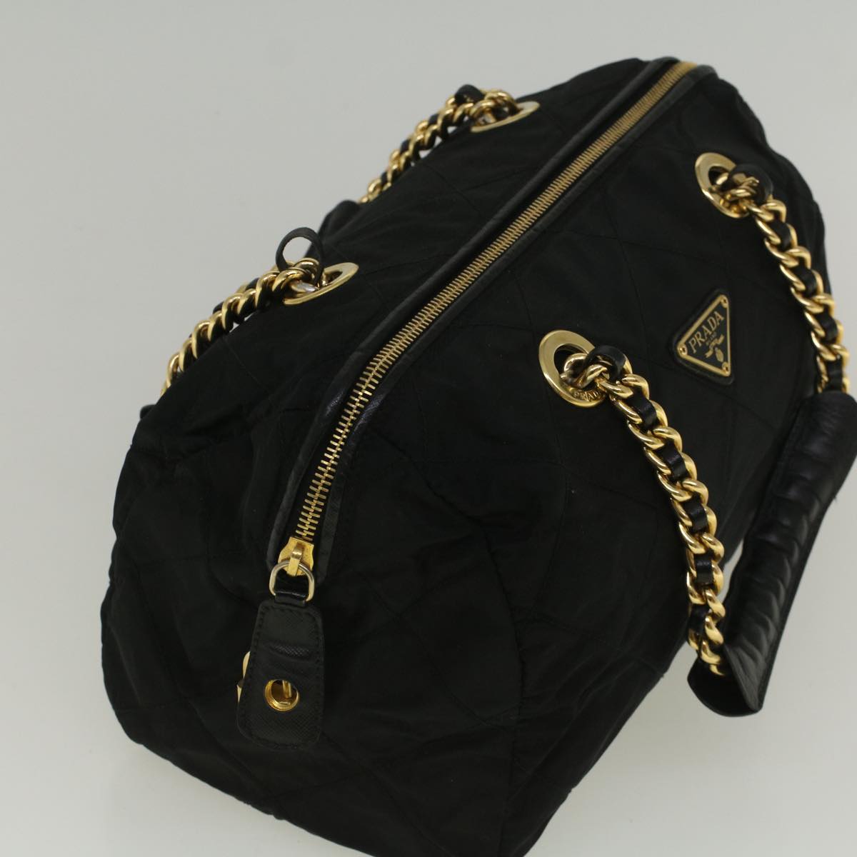 PRADA Chain Boston Bag Nylon Black Auth bs9384