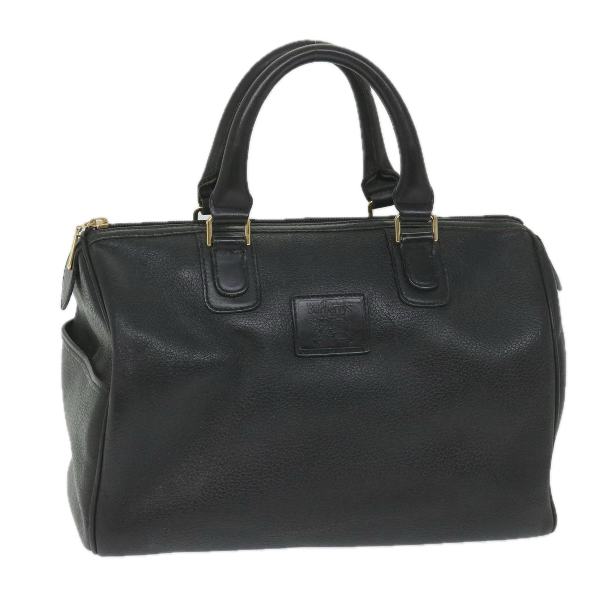 Burberrys Boston Bag Leather Black Auth bs9438
