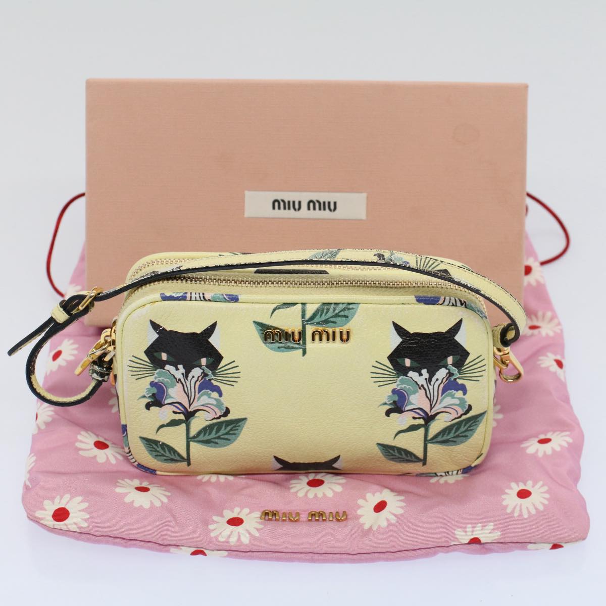 Miu Miu Accessory Pouch Leather Yellow Auth bs9478