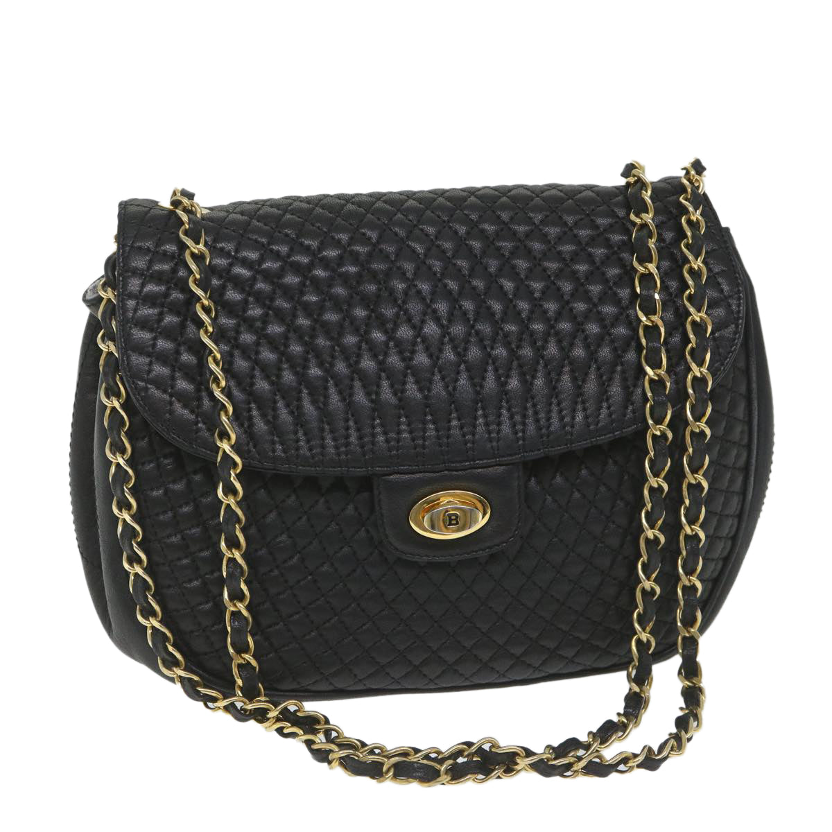 BALLY Quilted Chain Shoulder Bag Leather Black Auth bs9506
