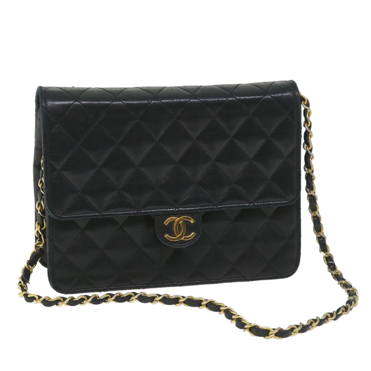 CHANEL Matelasse Chain Shoulder Bag Lamb Skin Black Gold Tone CC Auth bs9578