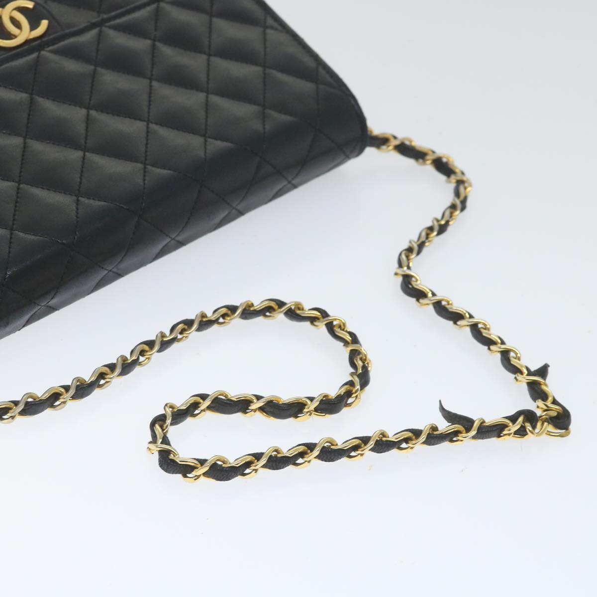 CHANEL Matelasse Chain Shoulder Bag Lamb Skin Black Gold Tone CC Auth bs9578