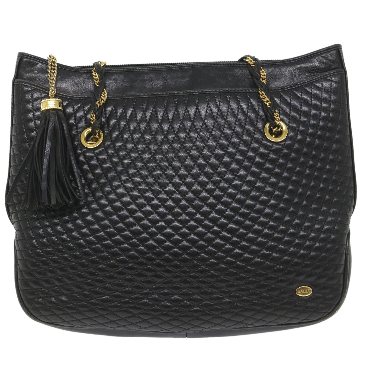 BALLY Quilted Chain Shoulder Bag Leather Black Auth bs9624