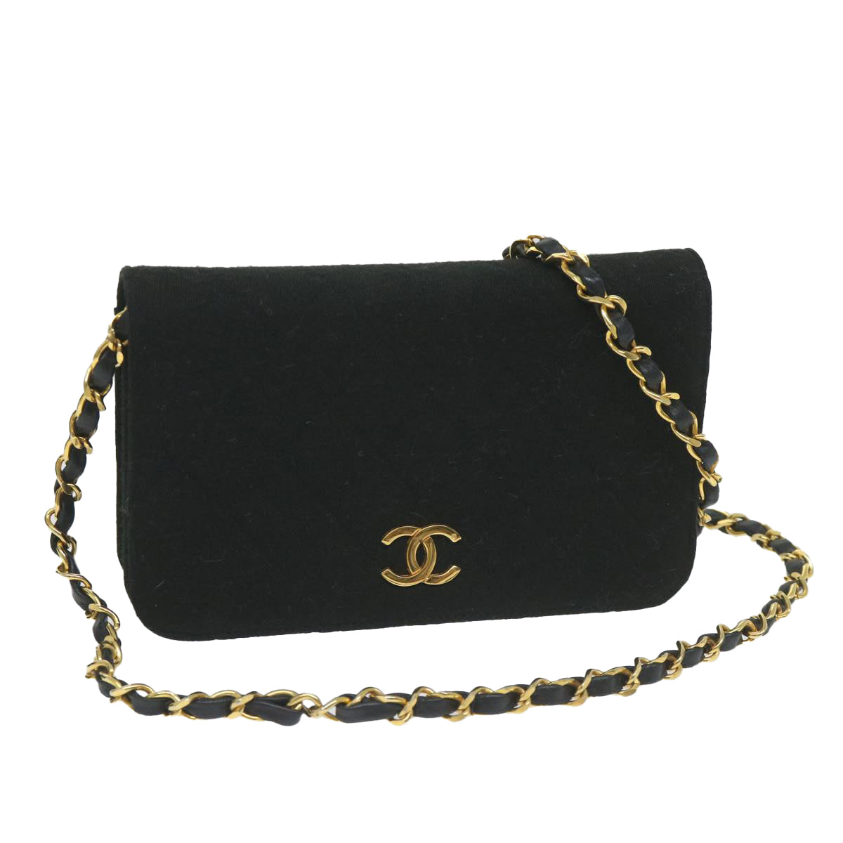 CHANEL Matelasse Chain Shoulder Bag Cotton Black CC Auth bs9662