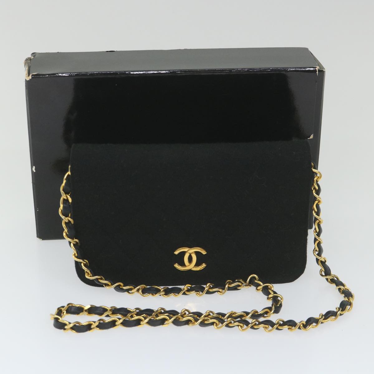 CHANEL Matelasse Chain Shoulder Bag Cotton Black CC Auth bs9662