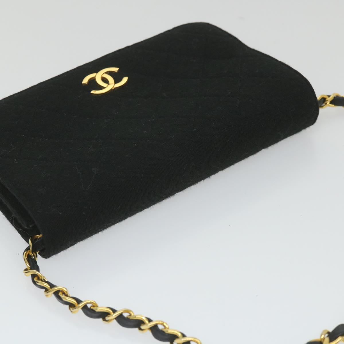 CHANEL Matelasse Chain Shoulder Bag Cotton Black CC Auth bs9662