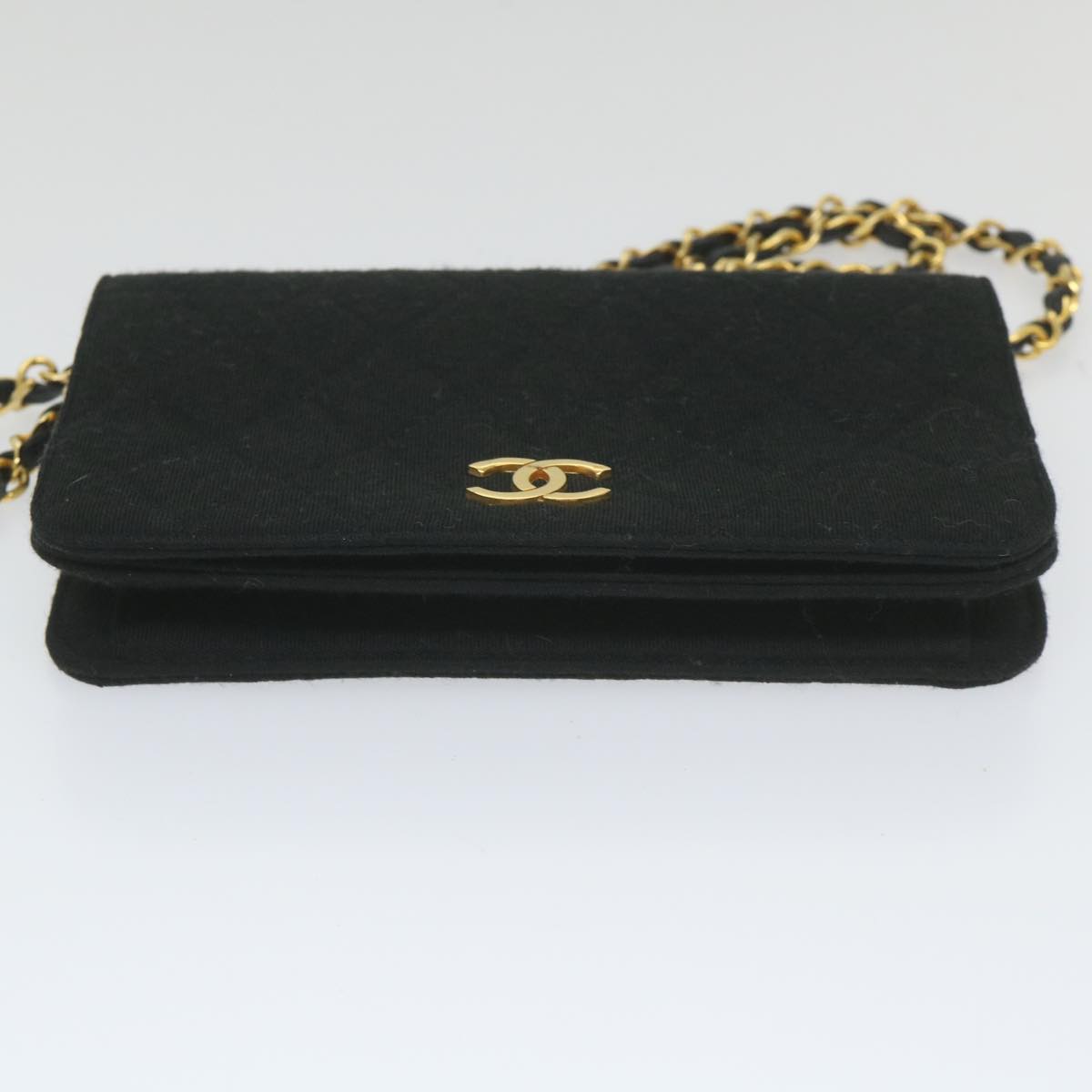 CHANEL Matelasse Chain Shoulder Bag Cotton Black CC Auth bs9662