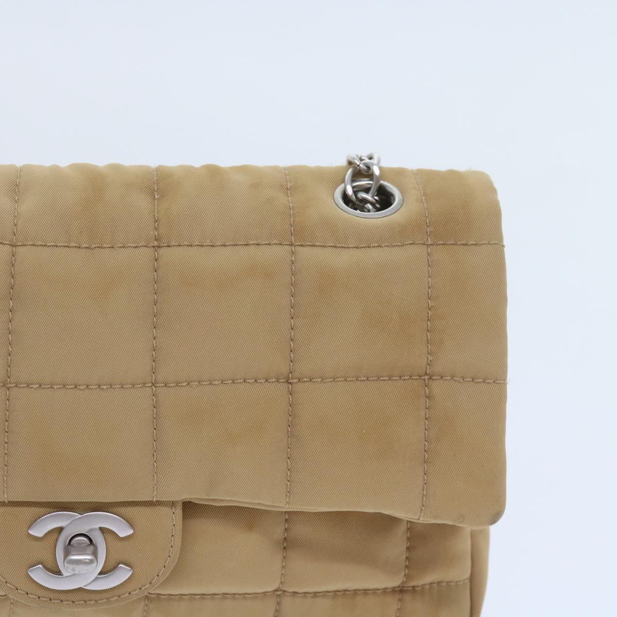 CHANEL Choco Bar Chain Shoulder Bag Nylon Beige CC Auth bs9702 - 0