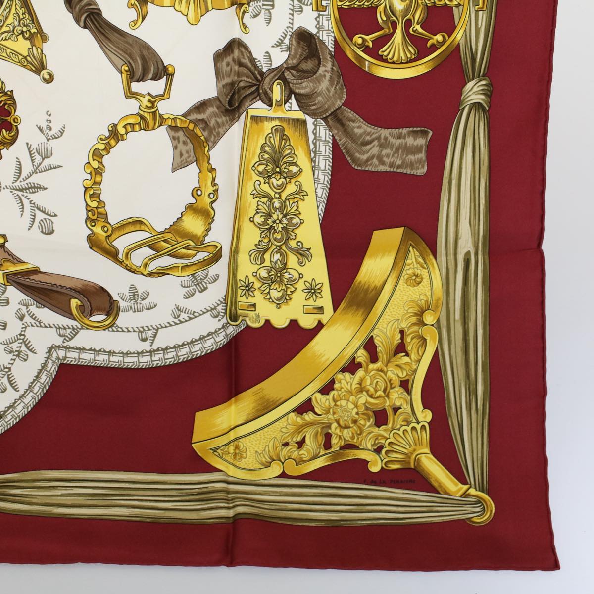 HERMES Carre 90 ETRIERS Scarf Silk Wine Red Auth bs9717