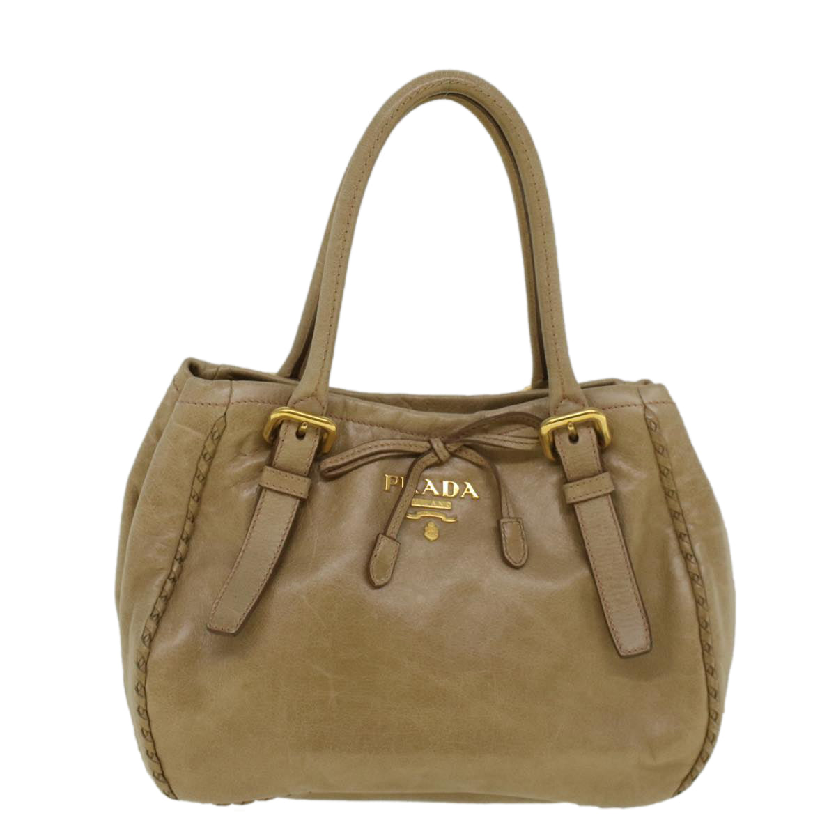 PRADA Hand Bag Leather Beige Auth bs9720