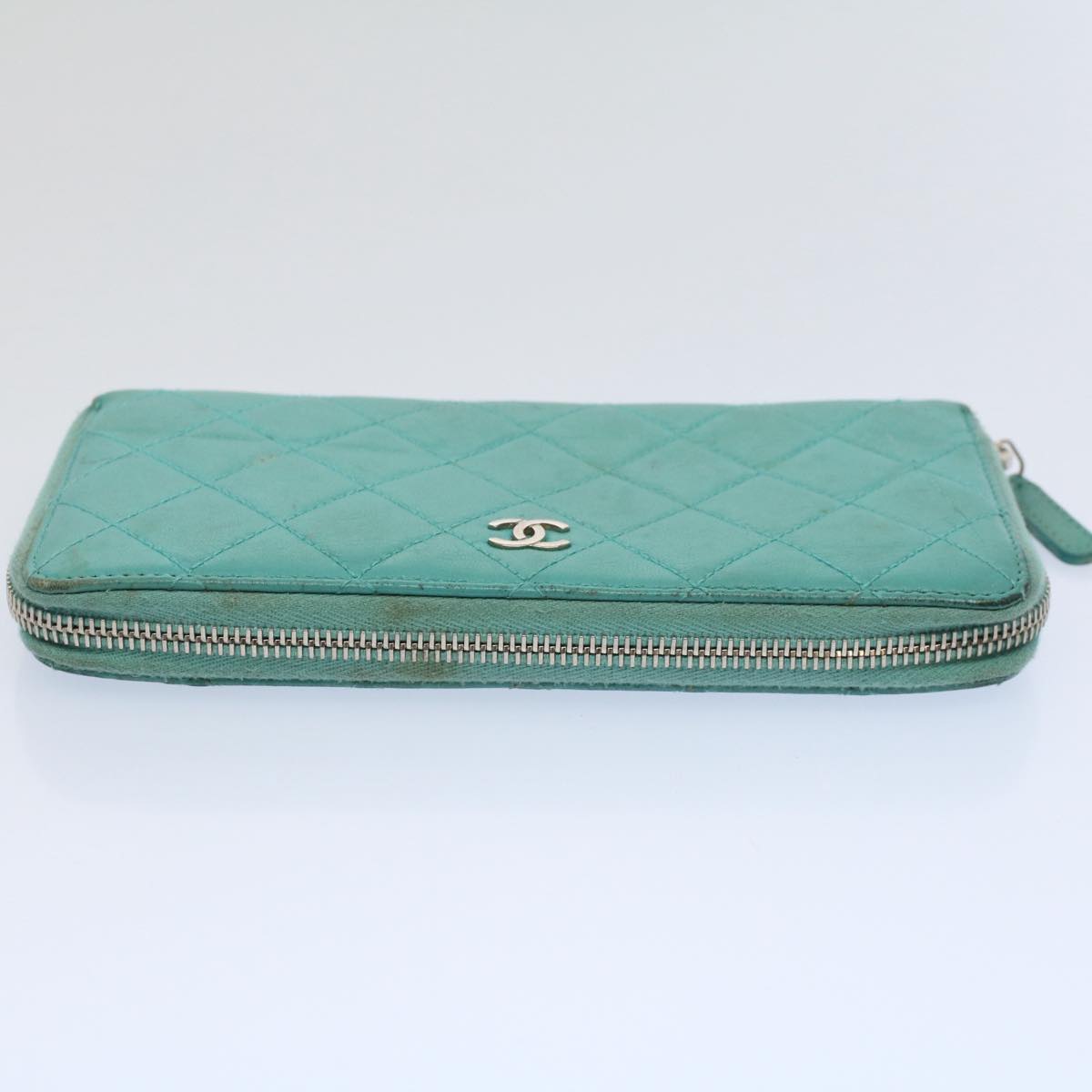 CHANEL Matelasse Wallet Lamb Skin Turquoise Blue CC Auth bs9740