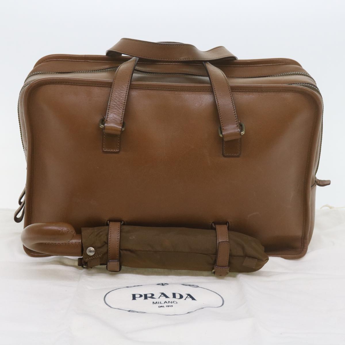 PRADA Hand Bag Leather Umbrella set Beige Auth bs9817