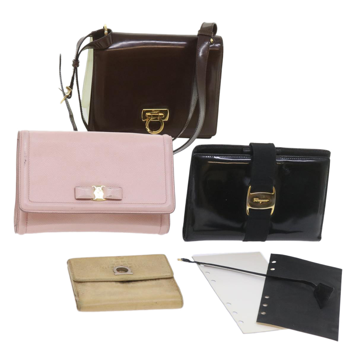 Salvatore Ferragamo Wallet Shoulder Bag Leather 4Set Pink Brown Auth bs9868