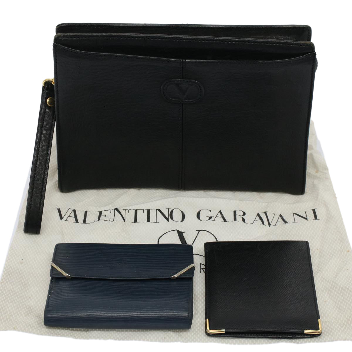 VALENTINO Wallet Clutch Bag Leather 3Set Black Navy Auth bs9900