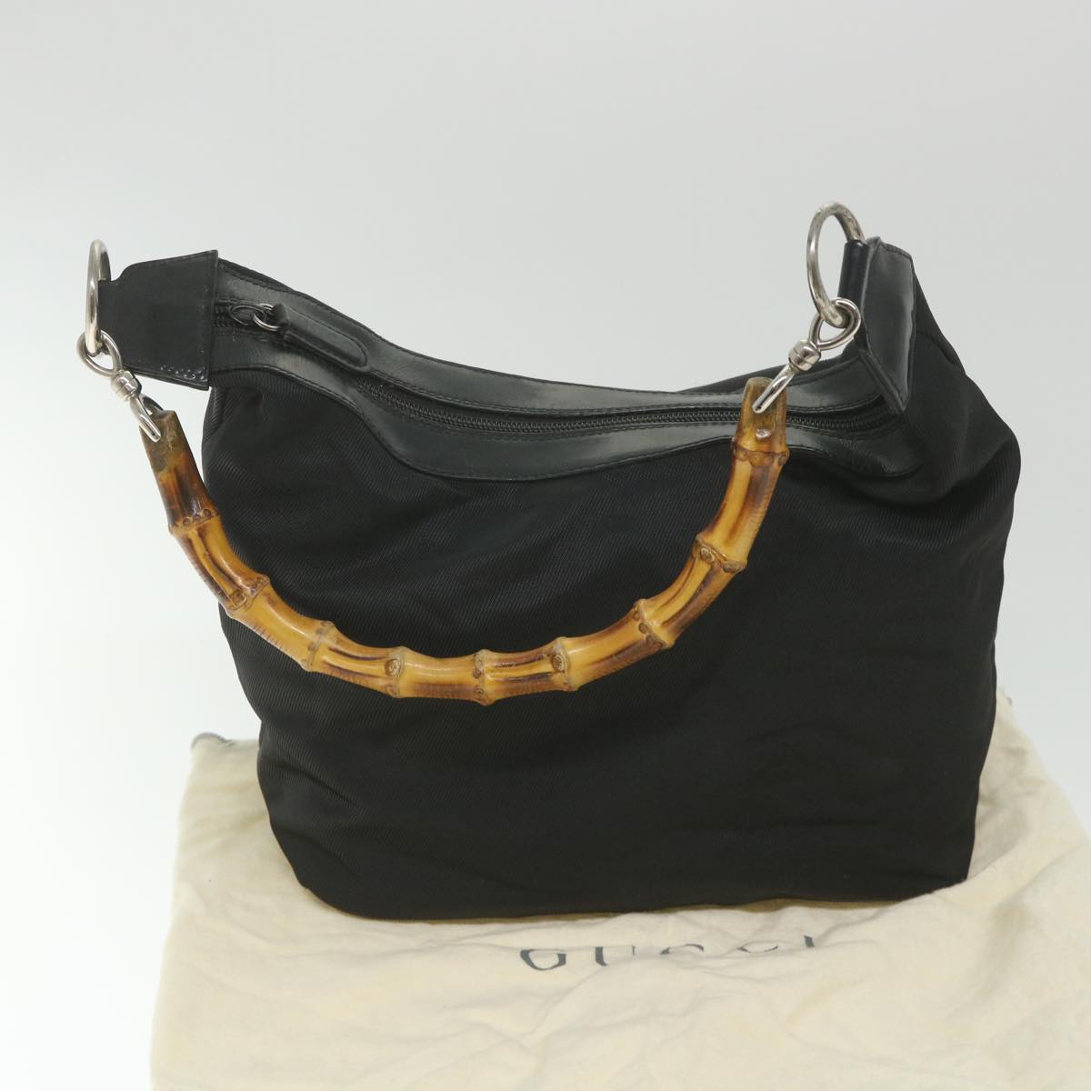 GUCCI Bamboo Shoulder Bag Nylon Black Auth bs9975