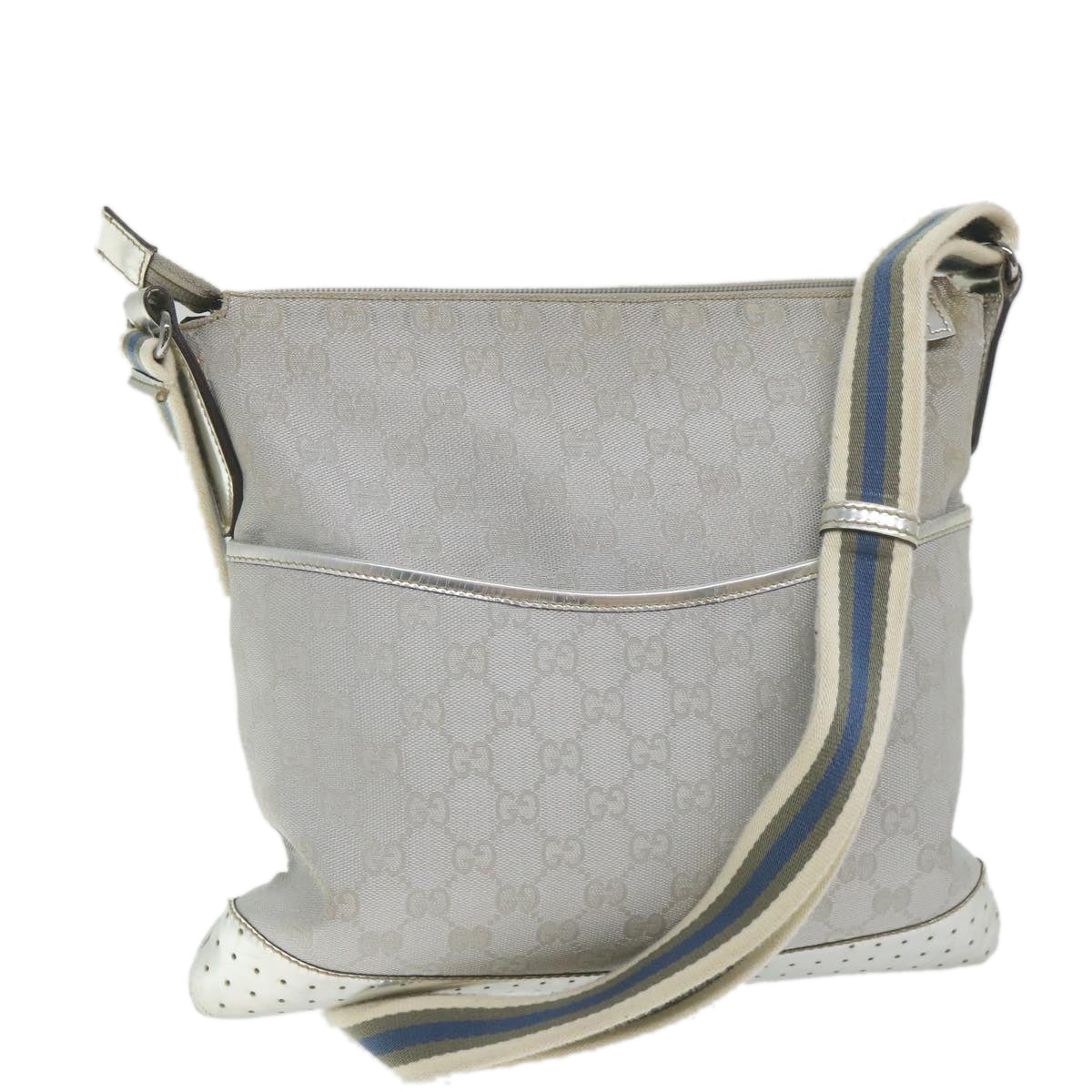 GUCCI GG Canvas Shoulder Bag Canvas Silver Auth bs9991