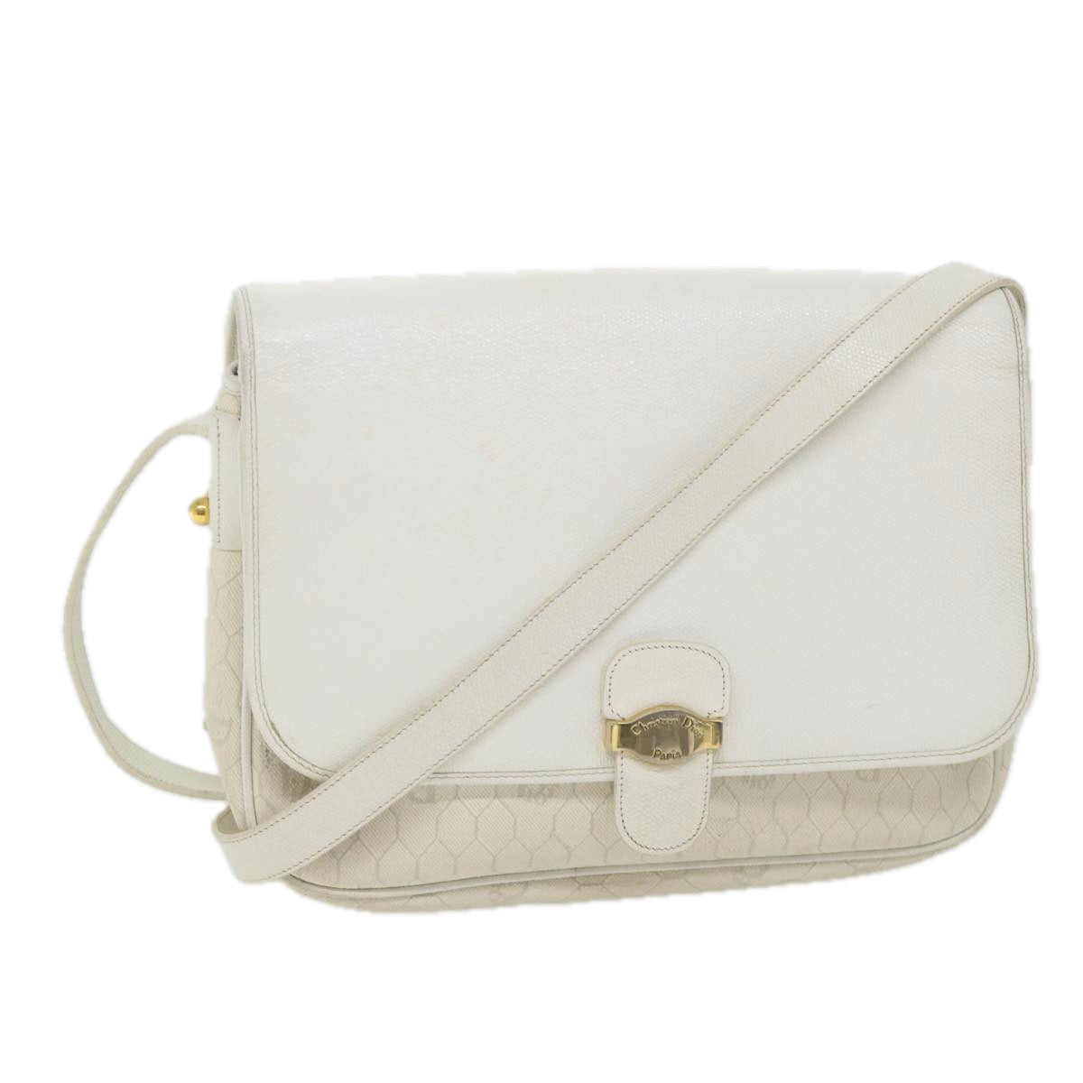 Christian Dior Honeycomb Canvas Shoulder Bag Leather White Auth bs9992