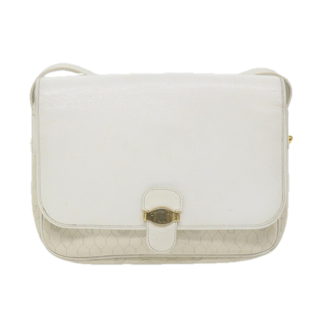 Christian Dior Honeycomb Canvas Shoulder Bag Leather White Auth bs9992