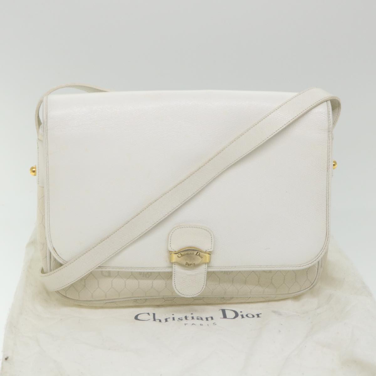 Christian Dior Honeycomb Canvas Shoulder Bag Leather White Auth bs9992