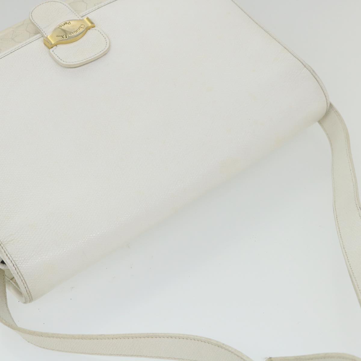 Christian Dior Honeycomb Canvas Shoulder Bag Leather White Auth bs9992