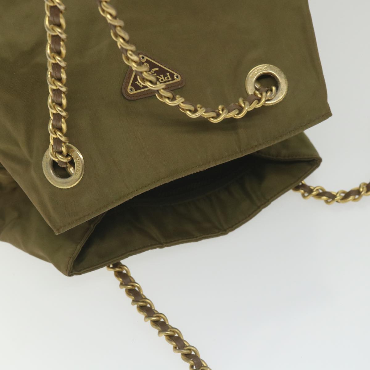 PRADA Chain Shoulder Bag Nylon Khaki Auth bs9995