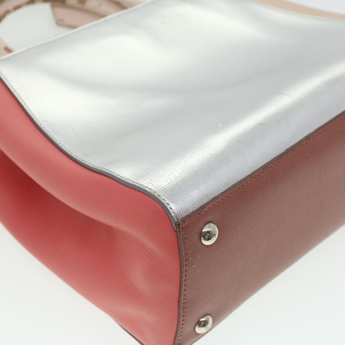 FENDI Hand Bag Leather Pink Silver beige Auth cl260