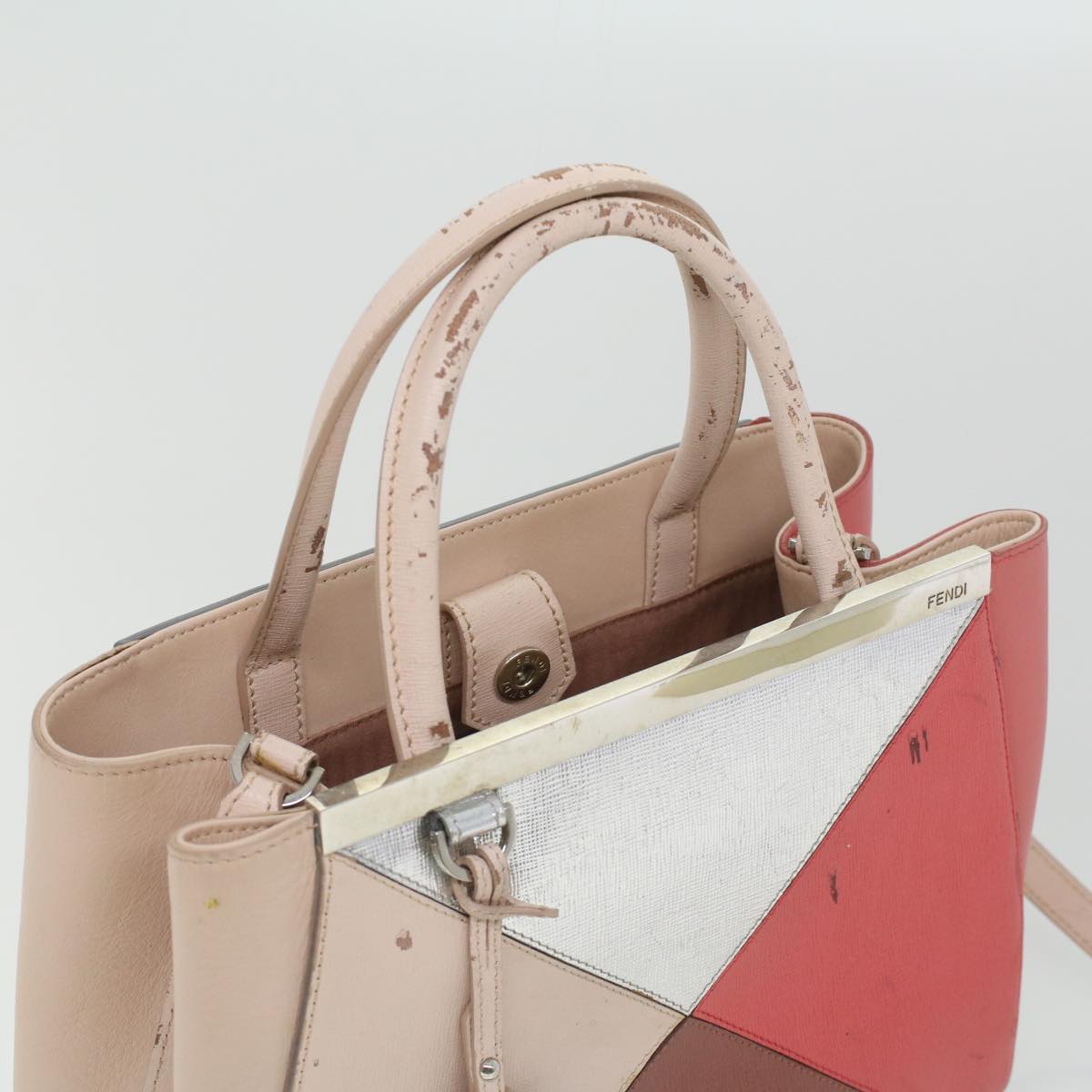 FENDI Hand Bag Leather Pink Silver beige Auth cl260