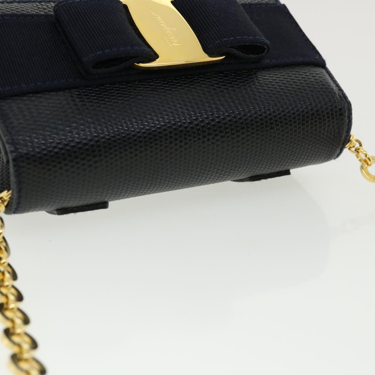 Salvatore Ferragamo Chain Shoulder Bag Leather Navy Auth cl272