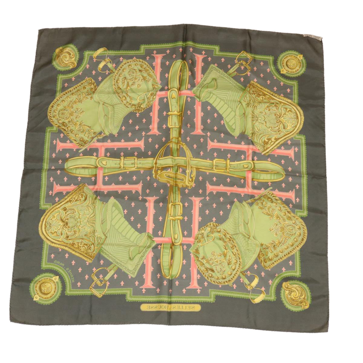 HERMES Carre 90 SELLES A HOUSSE Scarf Silk Gray Green pink Auth cl330