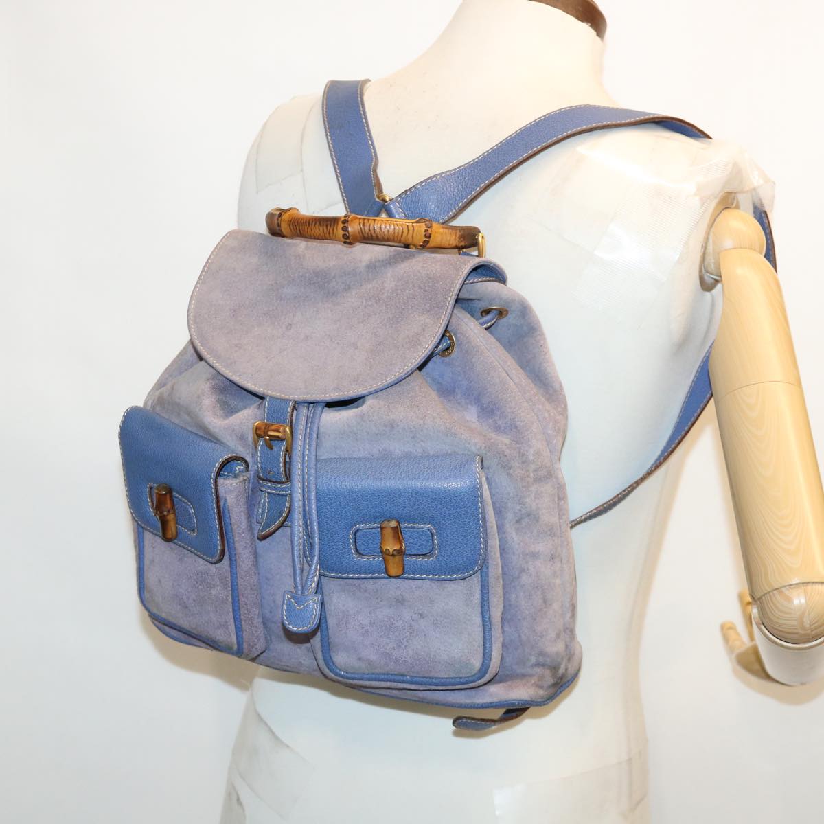 GUCCI Backpack Suede Leather Blue Auth cl359