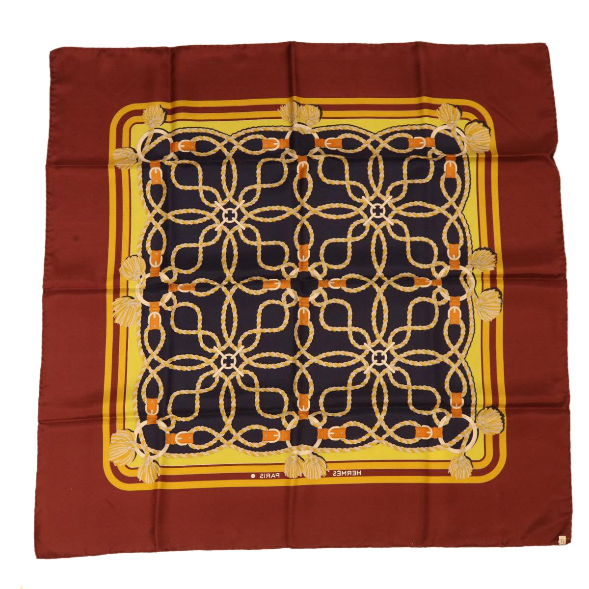 HERMES Rope Carre 90 Scarf Silk Wine Red Auth cl479