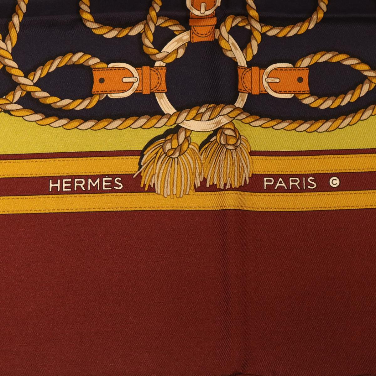HERMES Rope Carre 90 Scarf Silk Wine Red Auth cl479