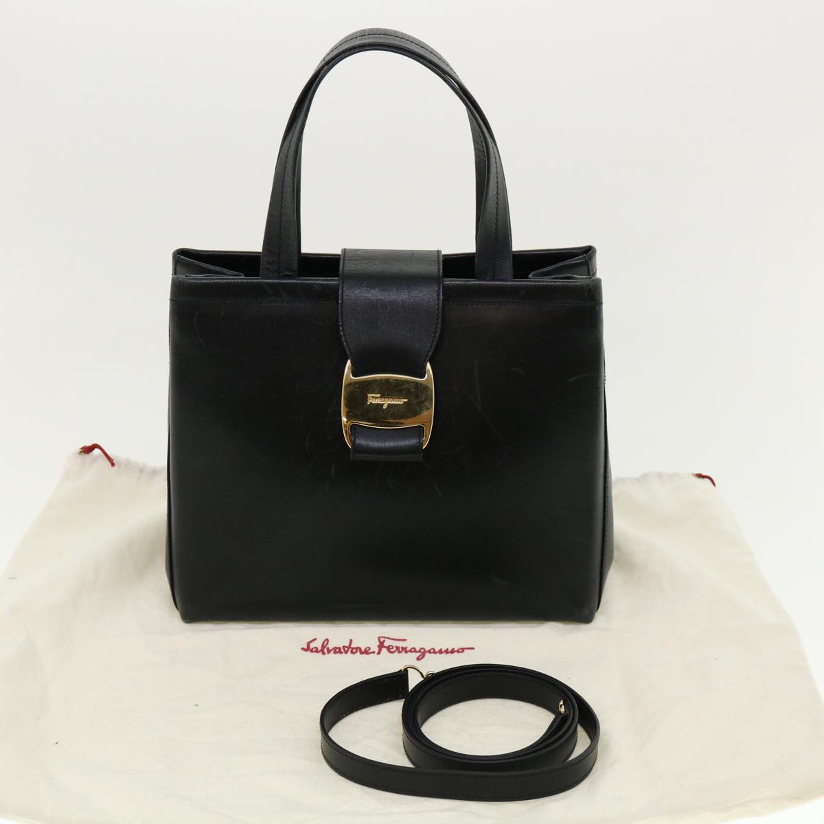 Salvatore Ferragamo Shoulder Bag Leather 2way Black AQ-218252 Auth cl487