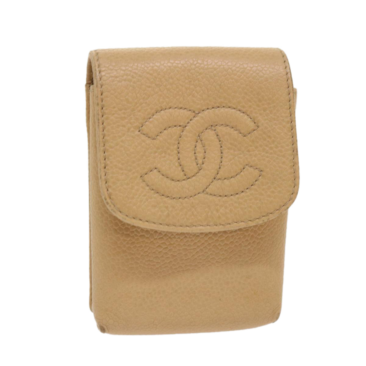 CHANEL Cigarette Case Caviar Skin Beige CC Auth cl643