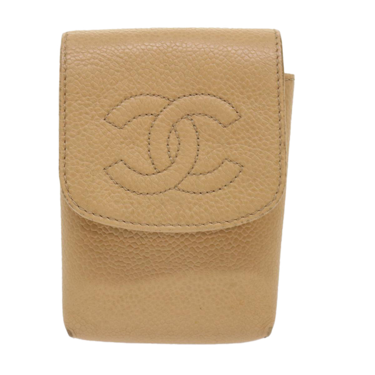 CHANEL Cigarette Case Caviar Skin Beige CC Auth cl643