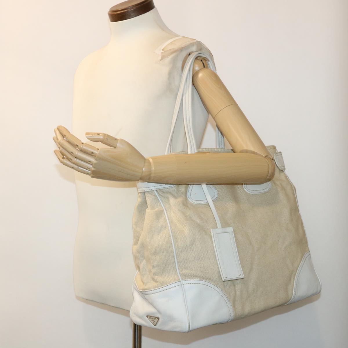 PRADA Shoulder Bag Canvas Leather Beige White Auth cl663