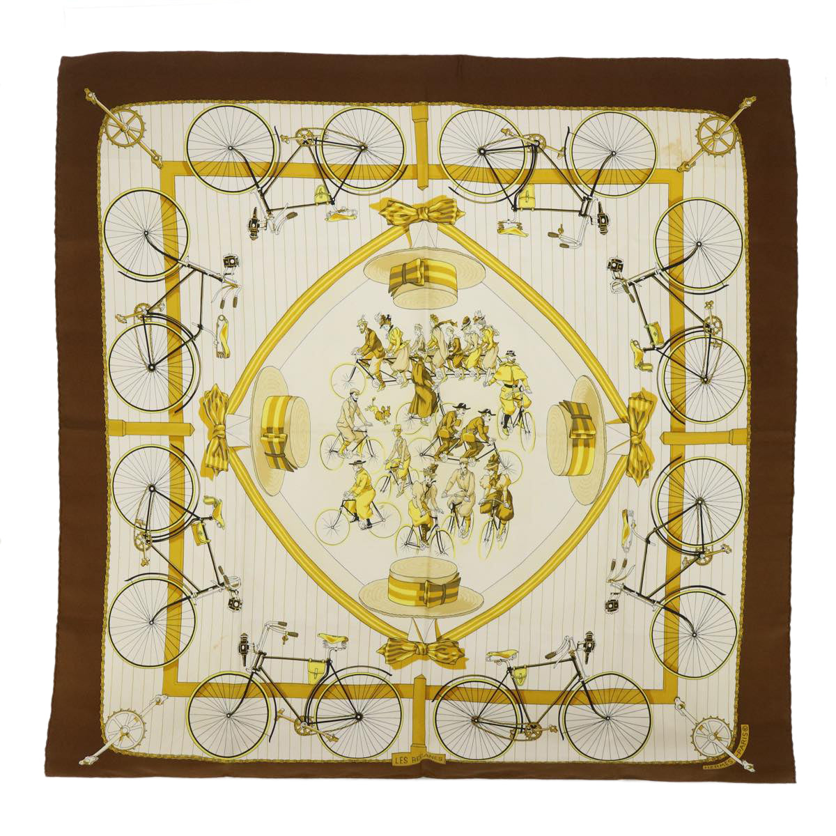 HERMES Carre 90 LES BECANES Scarf Silk Brown Auth cl717