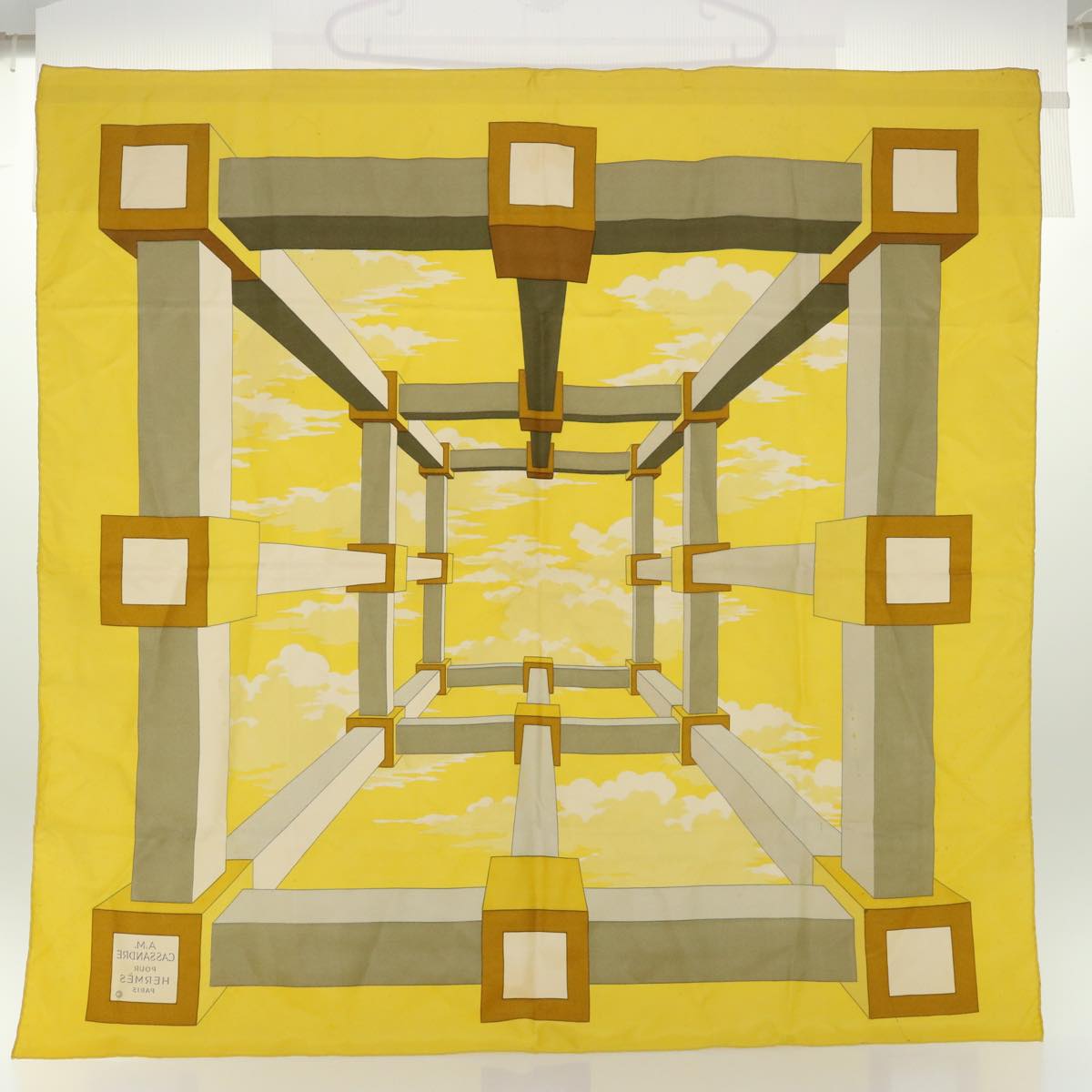 HERMES Carre 90 A.M. CASSANDRE Scarf Silk Yellow Auth cl719