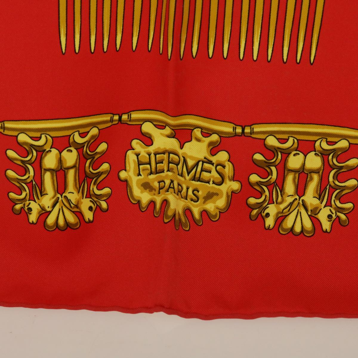 HERMES Carre 90 LES CAVAL D'OR Scarf Silk Red Auth cl815