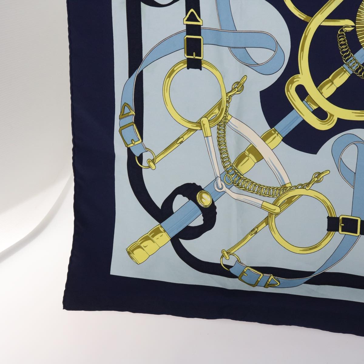 HERMES Carre 90 Eperon d'or Scarf Silk Navy Light Blue Auth cl821