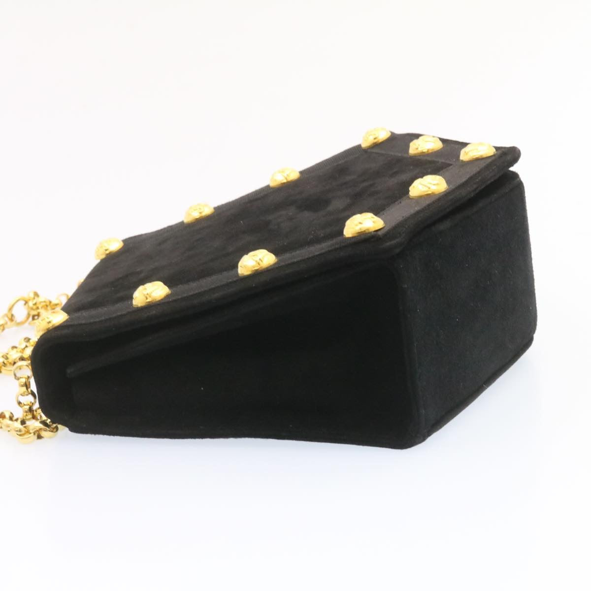 Salvatore Ferragamo Chain Shoulder Bag Suede Black Gold Auth ds082