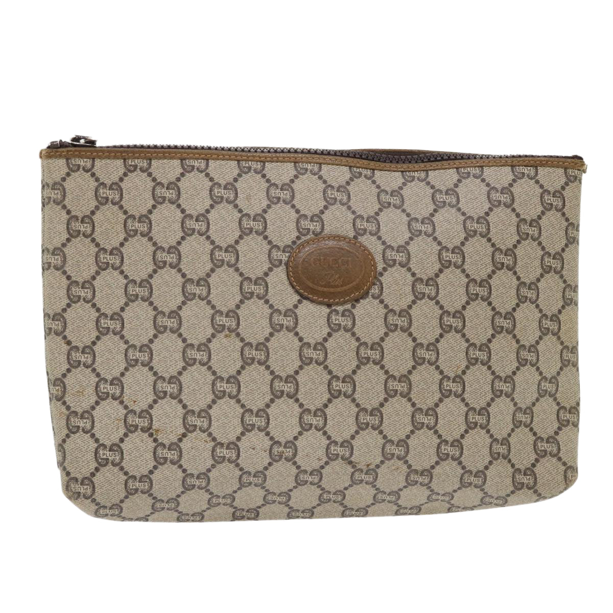 GUCCI GG Plus Canvas Clutch Bag PVC Leather Beige Auth ep1039