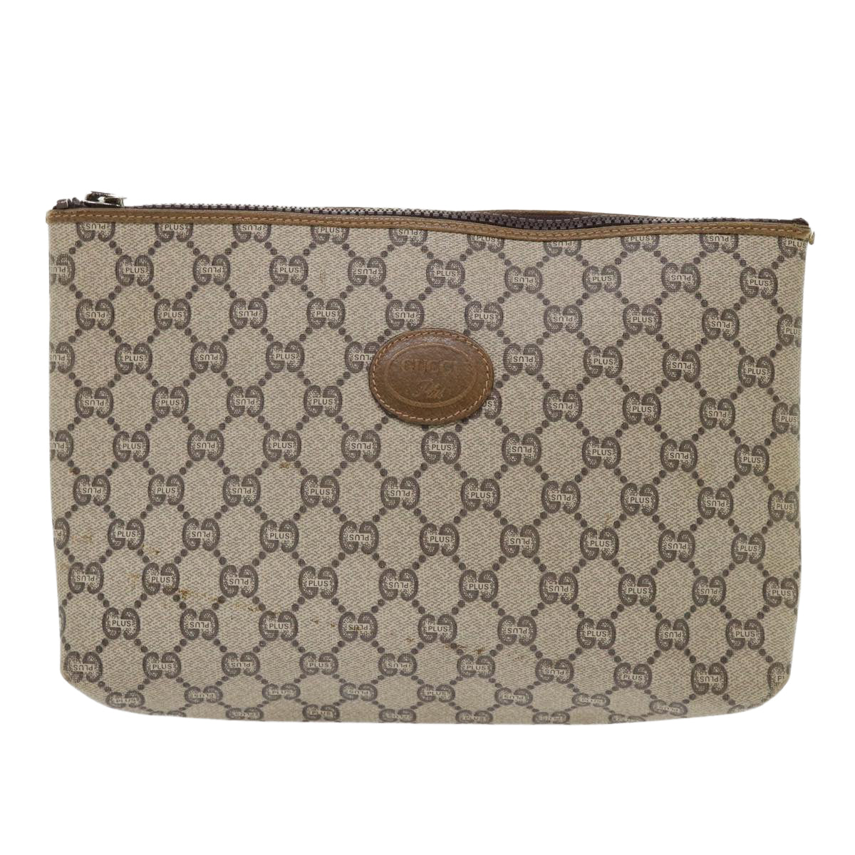 GUCCI GG Plus Canvas Clutch Bag PVC Leather Beige Auth ep1039