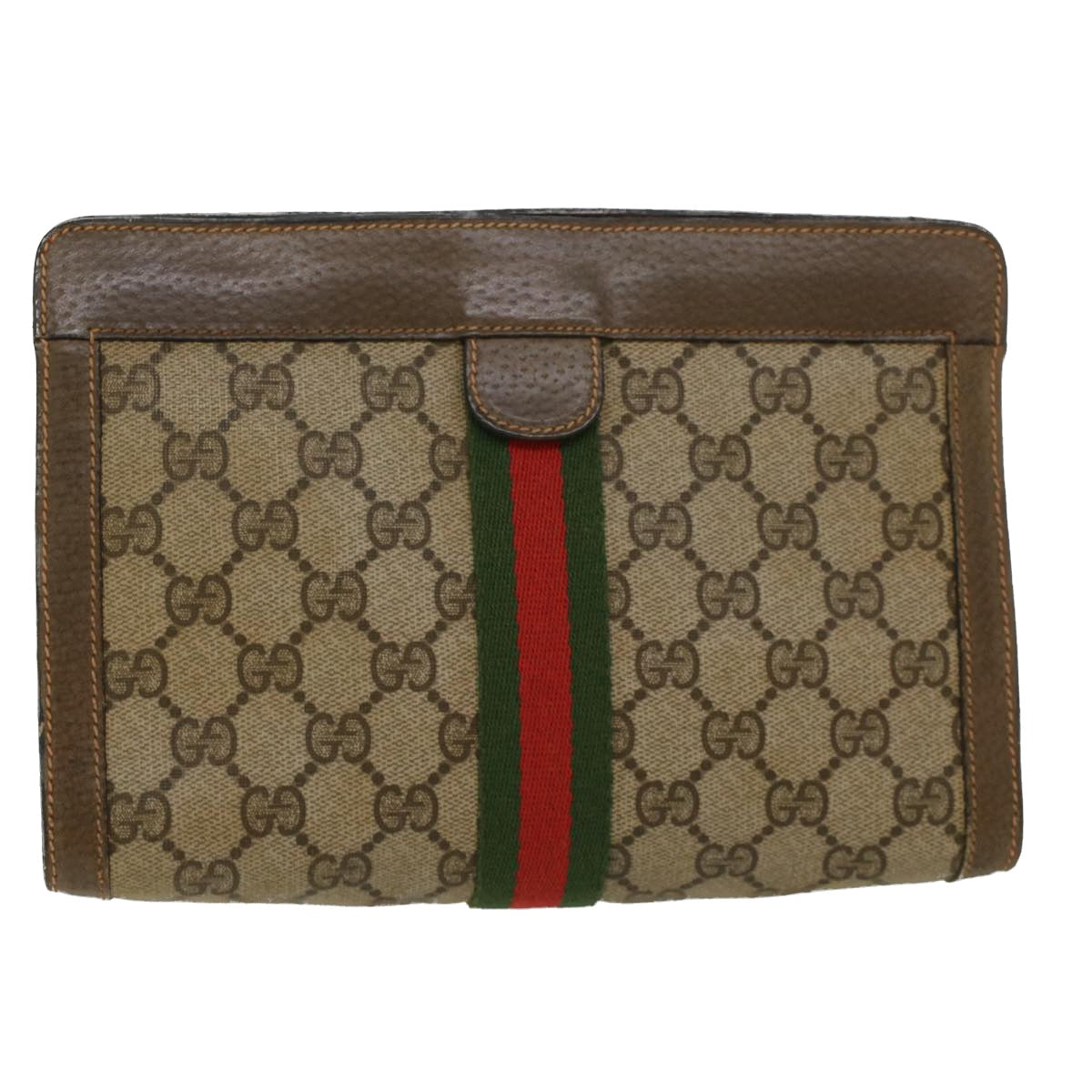 GUCCI GG Canvas Web Sherry Line Clutch Bag Beige Red 89•01•001 Auth ep1055