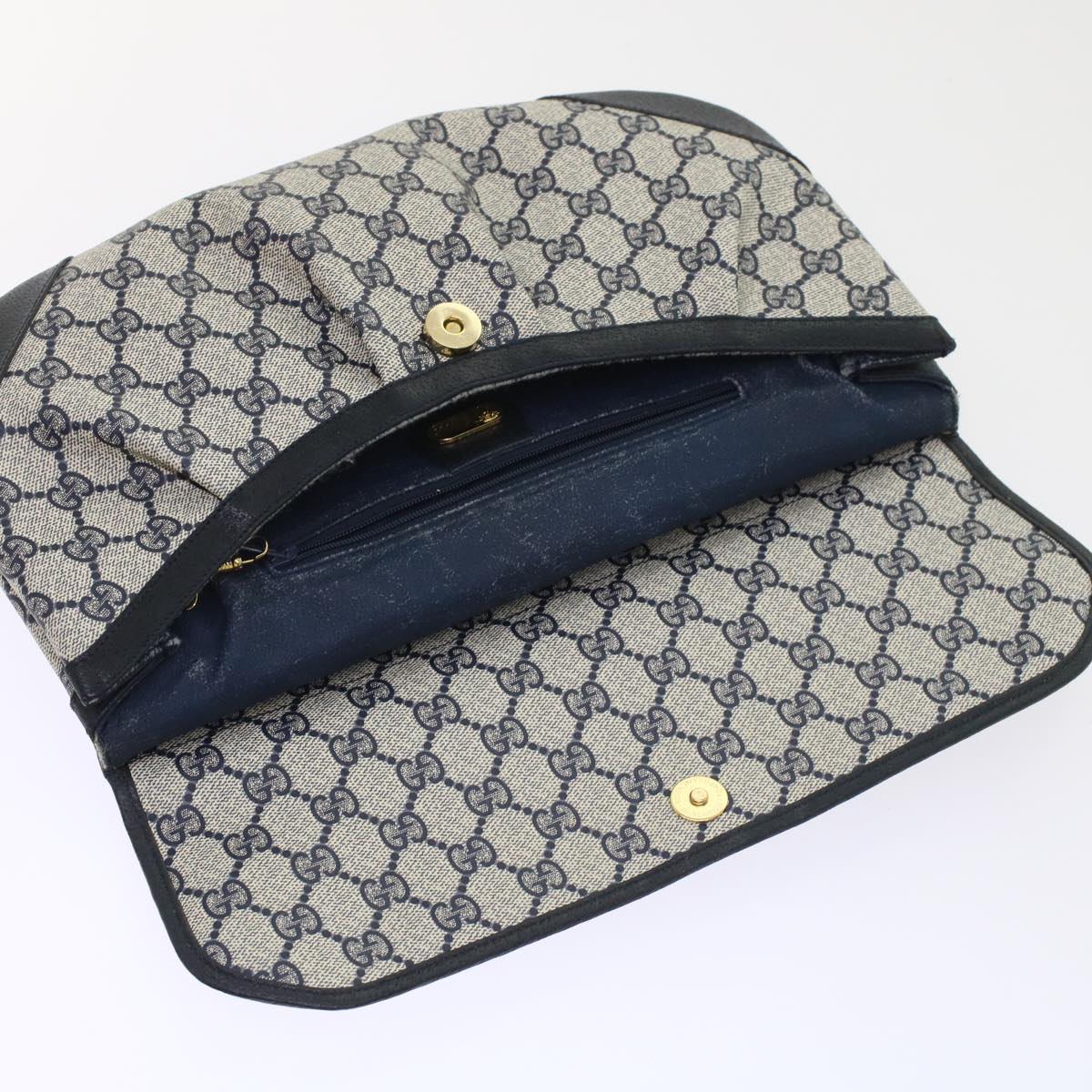 GUCCI GG Canvas Clutch Bag PVC Leather Gray Navy Auth ep1131